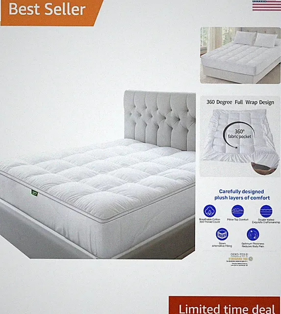 100% Cotton Mattress Topper Full Size - Wrap-Around Cooling Topper Fits up t...