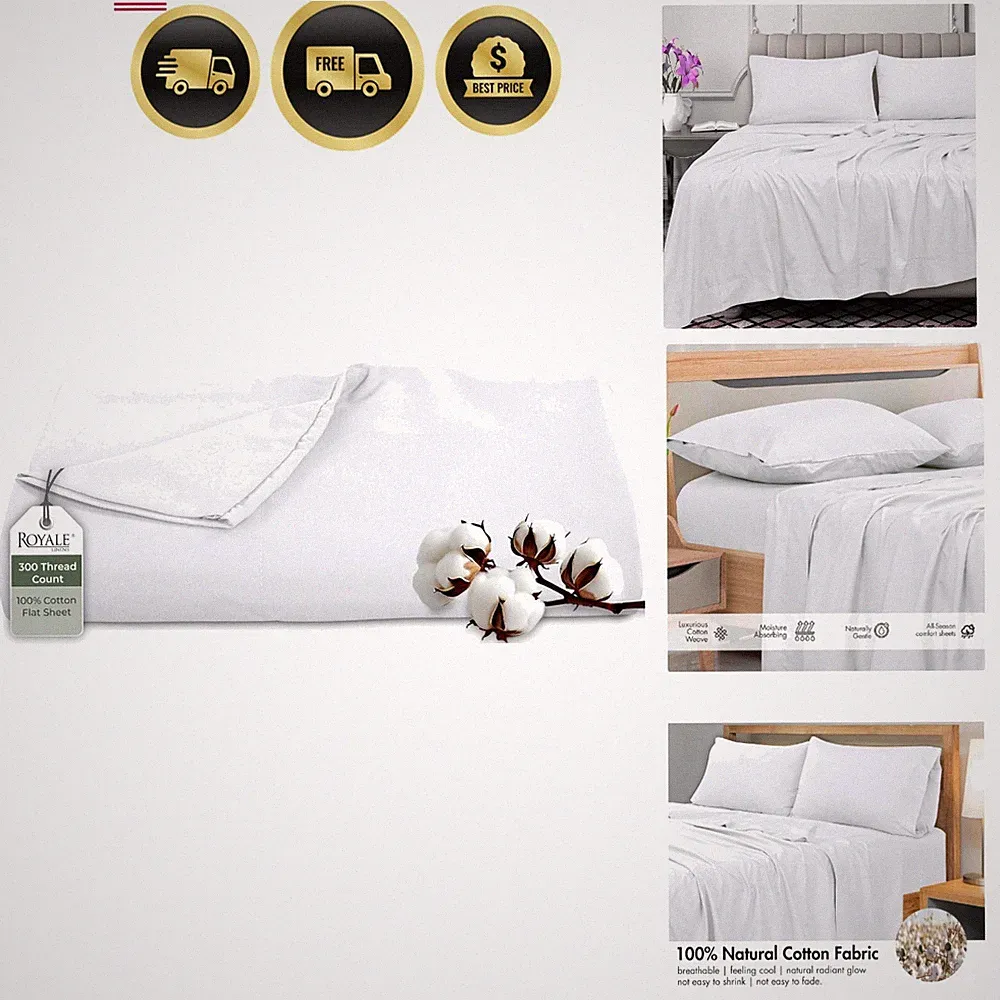 300 Thread Count 100% Long Staple Combed Cotton Flat Sheet - Super Soft - Top...